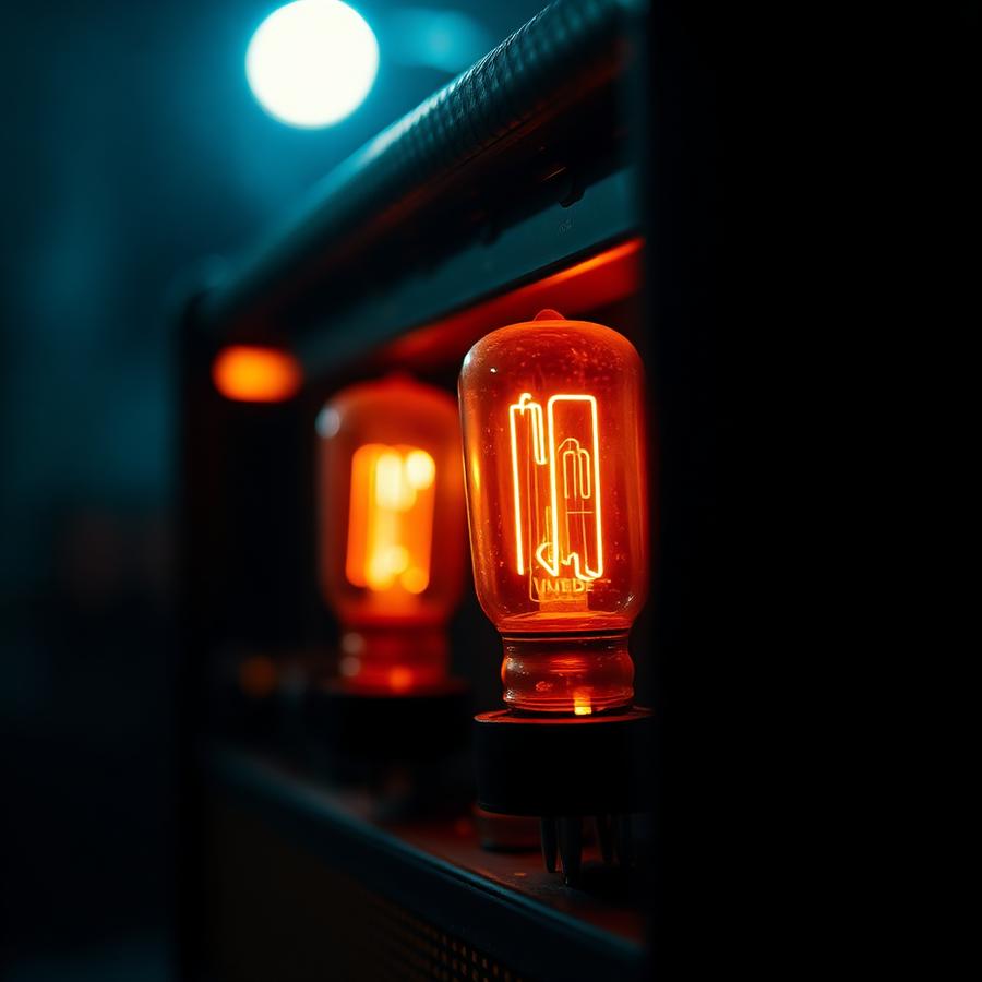 A vintage tube guitar amplifier glowing orange in the dark on stage during a live performance by Reginald Duvillage, Haitian guitarist