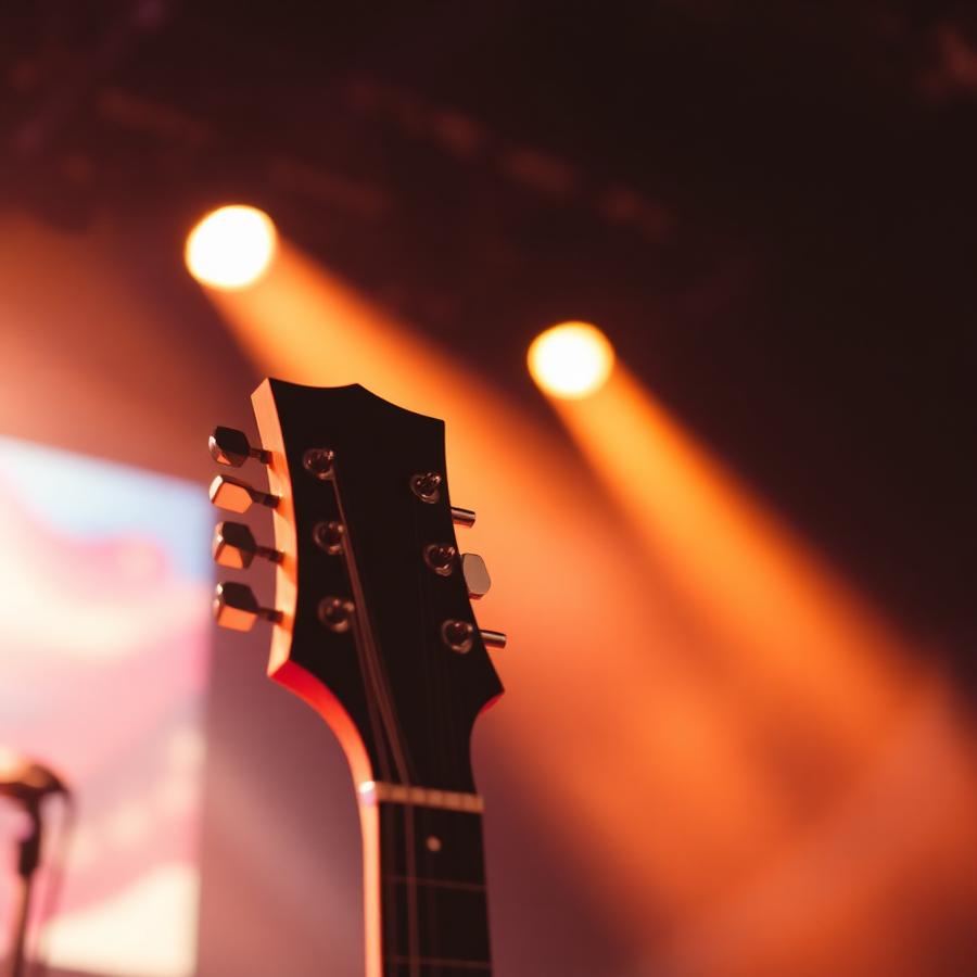 Blurry motion shot of an electric guitar headstock under warm amber stage lights during a live performance by Haitian lead guitarist Reginald Duvillage