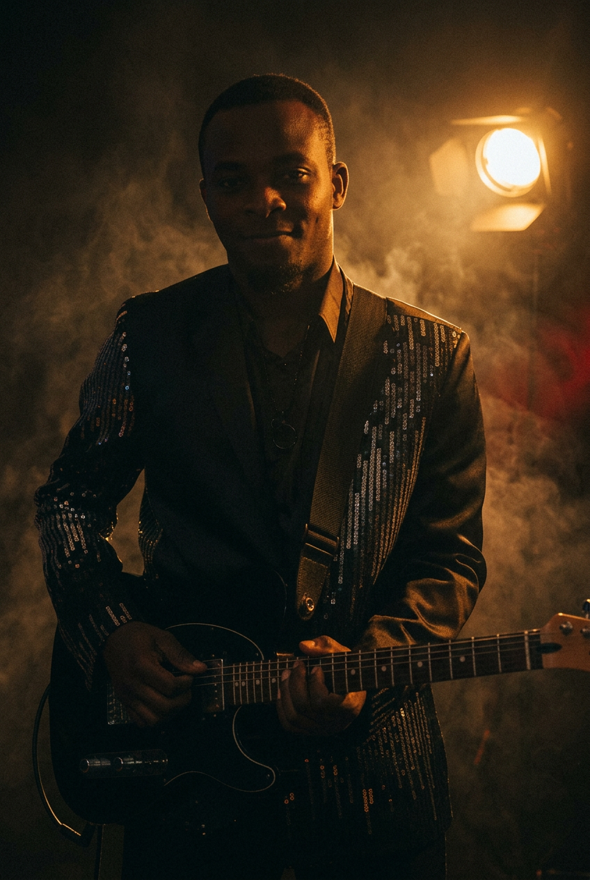 Reginald Duvillage, Haitian lead guitarist, performing live on stage holding his electric guitar, bathed in a single amber spotlight through stage smoke